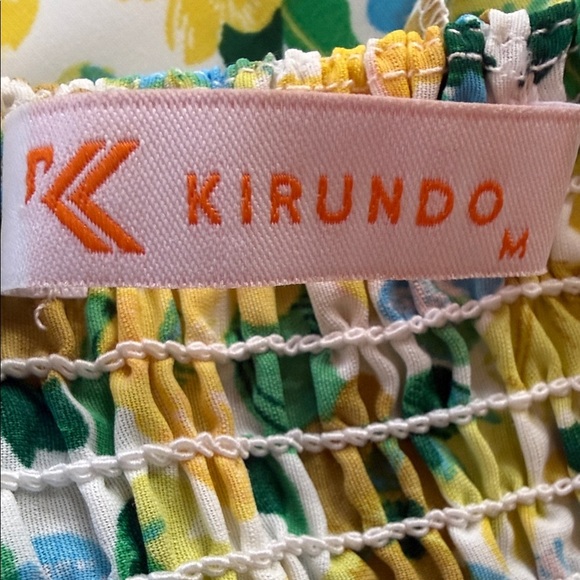 Kirundo Blue and Yellow Floral Print Smocked Puff Sleeve Off Shoulder Dress - Picture 13 of 14